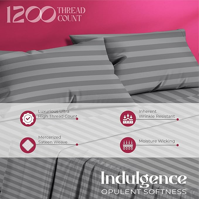 Mayfair Linen 100% Egyptian Cotton Sheets Queen Size - 1200 Thread Count 4 PC Damask Queen Sheet Set Egyptian Cotton, Sateen Luxury Sheet, High Thread Count Sheets, 17" Deep Pocket - Dark Grey Stripe
