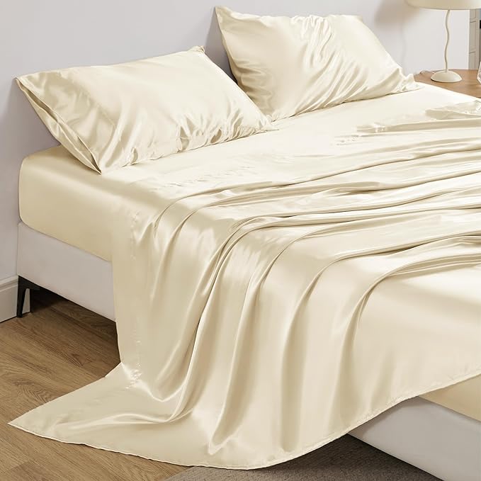 Bedsure Satin Sheets King Size - 4 Piece Silky Bedsheets with 15 Inches Deep Pocket Fitted Bedsheet,1 Flat Sheet, 2 Satin Pillowcases, Good for Hair & Skin (King, Cream)