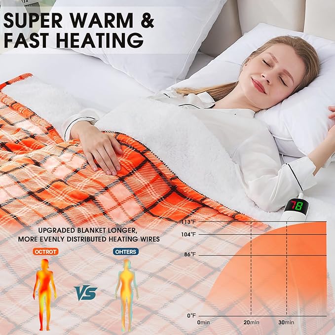 Heated Electric Blanket Full Size,72X84 Heating Blanket,Orange Plaid Soft Sherpa Blankets Warmer Gift for Grandma Women Adult,Fast Heating Washable