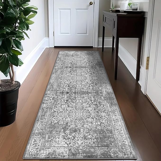 vivorug Grey Runner Rug 2x10 Machine Washable Rug with Non-Slip Backing, Ideal for Kitchen Hallway Entryway Laundry Room - Vintage, Durable, Easy Clean, Low Pile Carpet Runner