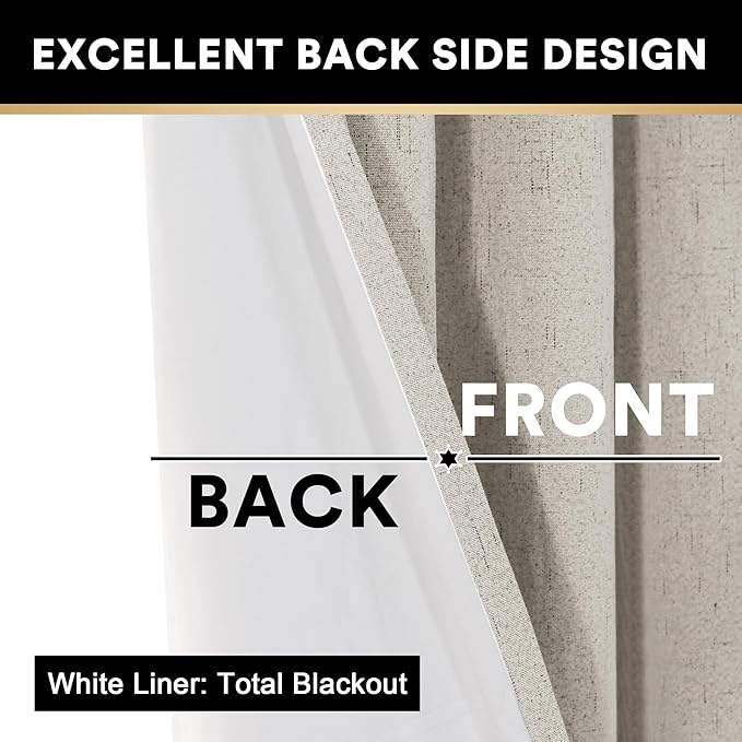 PrinceDeco 100% Blackout Curtains for Bedroom Linen Textured Curtain Panels 84 inches Long Energy Smart & Noise Reducing Blackout Drapes for Living Room Burlap Fabric with White Liner(2 Panels, Stone)