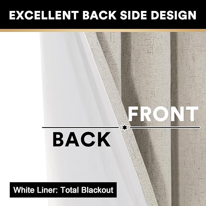 PrinceDeco 100% Blackout Curtains 108 Inches Long 2 Panels Set Black Out Linen Curtains for Bedroom Living Room Thermal Insulated with White Liner Extra Long Curtains for Windows(52x108 inch,Stone)