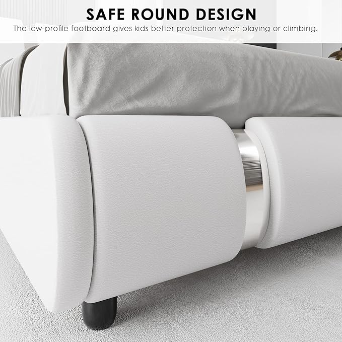 TTVIEW Modern Faux Leather Upholstered Platform Bed Frame with Iron Metal Decor, Adjustable Curved Headboard, Wooden Slats Support, No Box Spring Needed, Queen Size, White