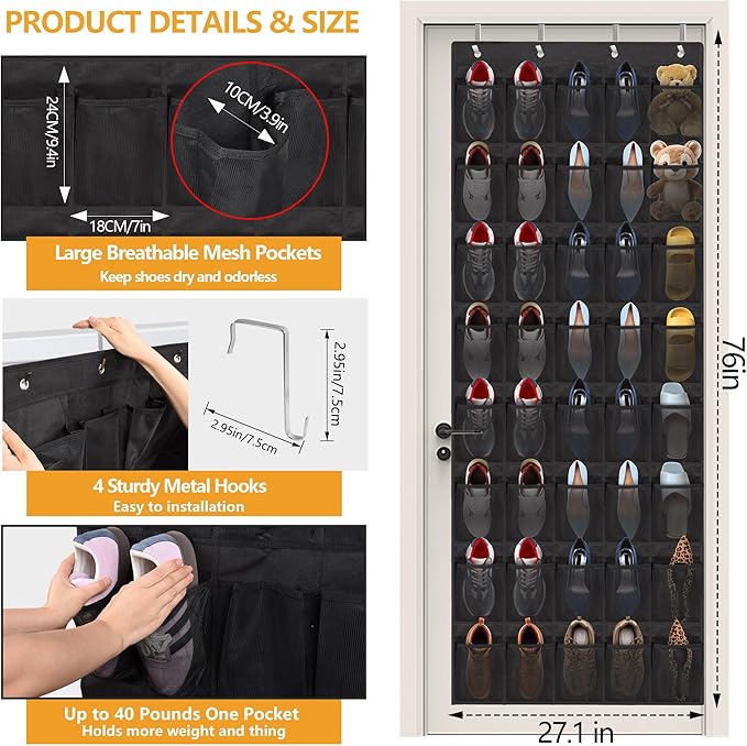 Over The Door Shoe Organizer, 40 Large Mesh Pockets Hanging Shoe Rack Organizer for Closet Behind The Door Storage Holder for Entryway Bedroom Dorm Black