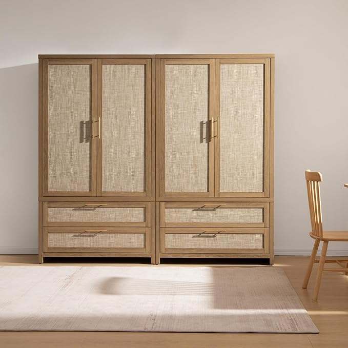 SICOTAS Larger Armoire Wardrobe Closet, 71" Tall Rattan Freestanding Wardrobe Closet Cabinet with Storage and 2 Drawers, Boho Armoire Clothes Organizer with Hanging Rod for Bedroom, Oak (2 Pieces)