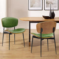 Art Leon Faux Leather Dining Chairs - Set of 2 Mid Century Modern Desk Chair No Wheels, Armless Accent Chair with Black Metal Legs, Green/Walnut