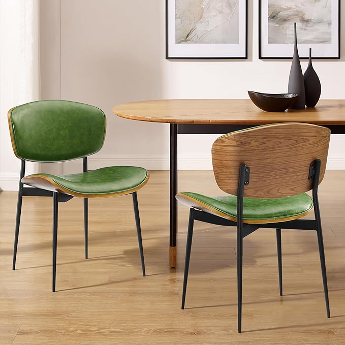 Art Leon Faux Leather Dining Chairs - Set of 2 Mid Century Modern Desk Chair No Wheels, Armless Accent Chair with Black Metal Legs, Green/Walnut