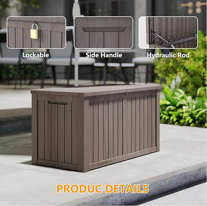 180 Gallon Outdoor Storage Box Waterproof, Resin Deck Boxes with Lockable Lid & UV-Resistant for Patio, Pool, Garden Furniture Cushions & Accessories, Coffee