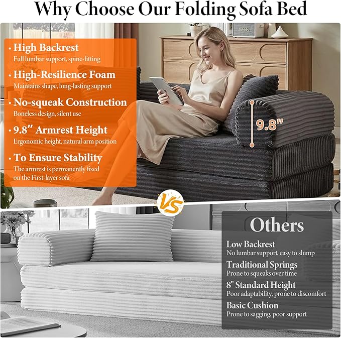 78 Inch Convertible Futon Sofa Bed,Folding Boneless Couches with Sleeper Sofa,Fold Out Floor Sofa Couch with Deep Seat,Cloud Corduroy Foldable Mattress Couch for Living Room (Dark Grey)