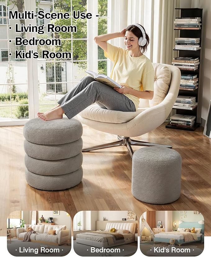Round Set of 2 Sherpa Storage Ottoman Stool Boucle Vanity Stool Footstool with Removeable lid Load up to 440 lbs for Livingroom Bedroom Gray UASND68G
