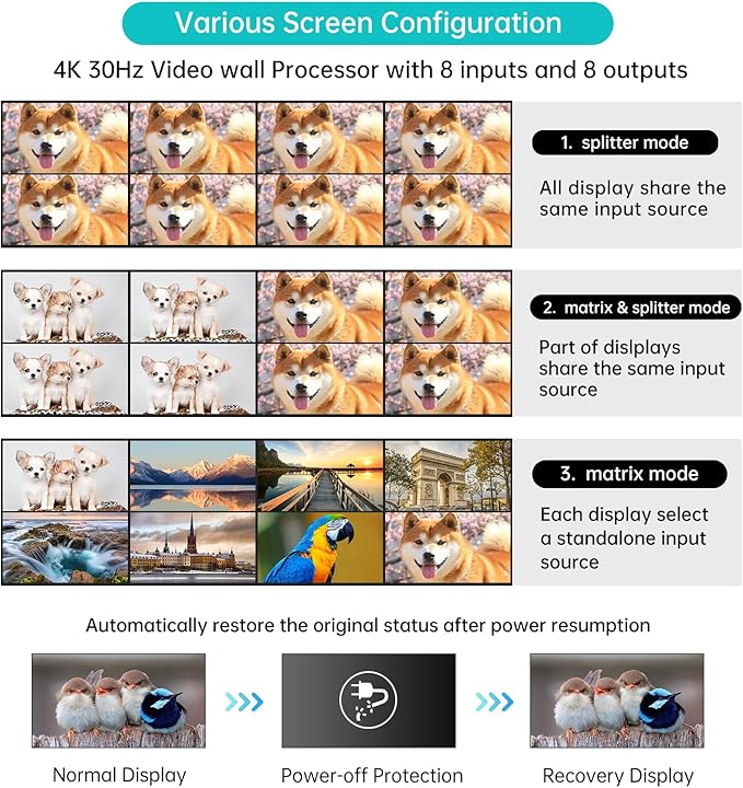 MT-VIKI 4K HDMI Matrix Switch 8X8 w/Web GUI & 3.5mm Stereo Audio w/IR Remote, 4K@30Hz, Rack Mount Switcher & Splitter, EDID, RS232, LAN Port, APP