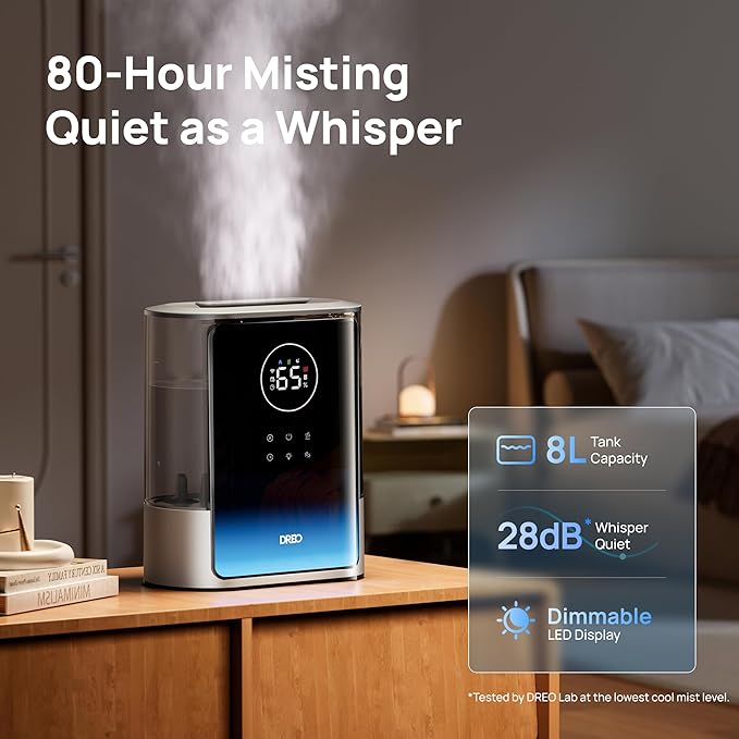Dreo 8L Smart Humidifier Large Room 600ft², HM717S, 80H Runtime Supersized Warm and Cool Mist Humidifiers for Bedroom Baby, 28dB Quiet Air Humidifier for Plants Indoor, Home, Whole House, Silver