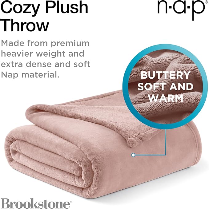 Brookstone Nap Plush Throw Blanket for Couch | Warm & Super Soft Blanket with Unmatched Heavy, Dense, and Ultra-Comfy Throw | Luxurious Drape, Cozying Up on a Sofa, Chair | Blush