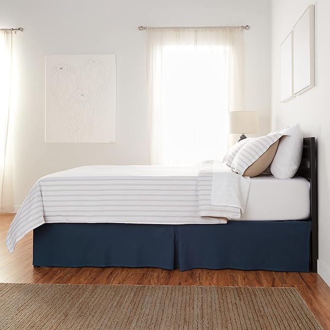 Amazon Basics Lightweight Pleated Bed Skirt, Queen, Navy Blue, Solid