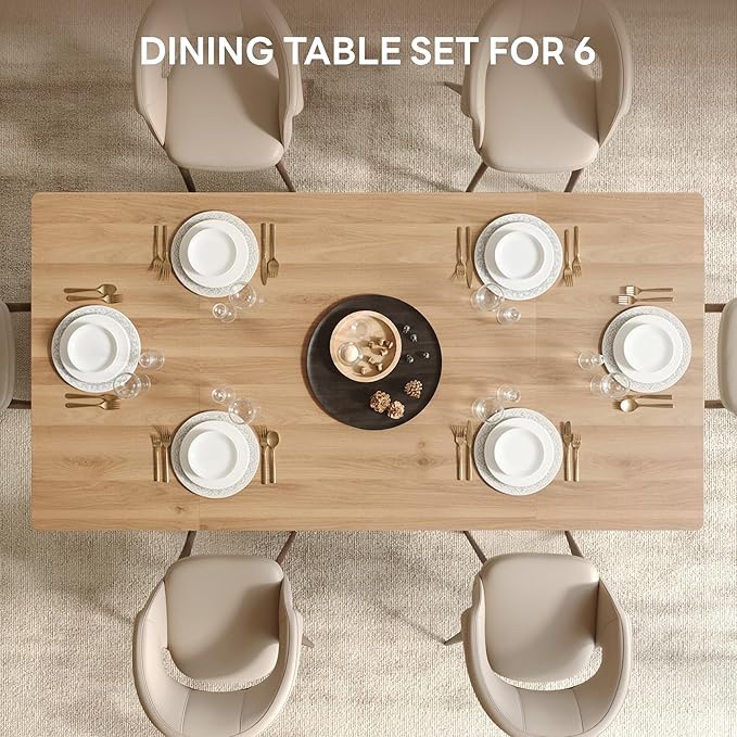 LIKIMIO 78.7" Farmhouse Dining Table for 6-8 People, Extra Thick Wood Top with 2 Hidden Adjustable Storage Drawers, Modern Woven Rattan Table for Dining Room, Kitchen, Living Room, Rustic White