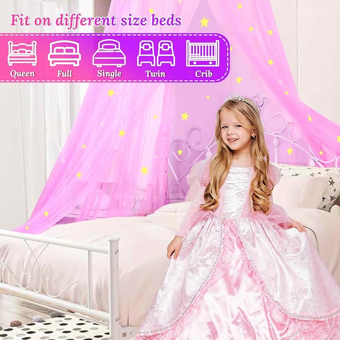 South to East Princess Bed Canopy for Girls with Glowing Stars, Pink Canopy for Girls Room, Bed Canopy Curtains from Ceiling for Twin Beds, Full Size Beds, Ideal Gift, Fire Retardant Fabric