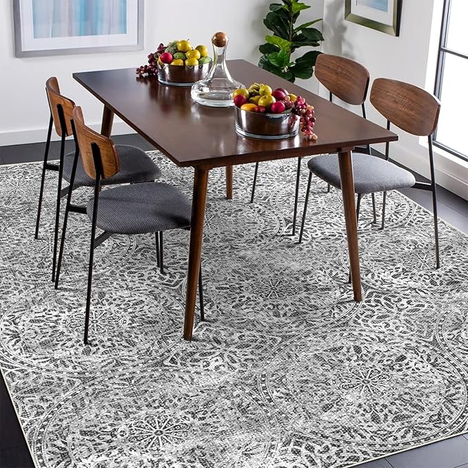 vivorug 9x12 Area Rugs for Living Room, Non Slip Machine Washable Vintage Grey Rug, Ultra-Thin Lightweight Large Area Rug for Bedroom, Dining Room, Low Pile Rug
