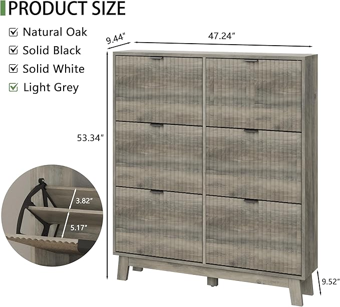 Shoe Cabinet with 6 Flip Drawers, 54" Tall Narrow Fluted Shoe Storage Organizer for Entryway, Hidden Slim Wooden Shoe Rack Cabinet for Front Door Entrance, Hallway, Living Room, Light Grey