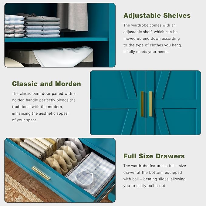 COFaR Metal Wardrobe Cabinet, 71 Farmhouse Armoire Wardrobe Closet with Rods, 2 Barn Doors, Adjustable Shelves, Steel with 2 Drawer Bedroom armoires, Blue Green