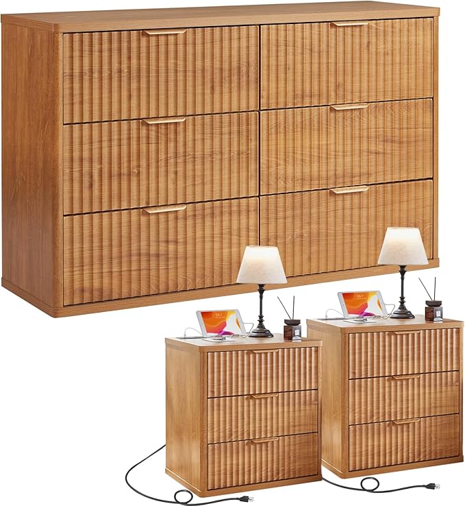 LEYAOYAO Fluted Dresser and 3 Drawers Nightstand Set of 2, Wood 48" Wide Dresser & 23" Night Stand with Charging Station, 3 Piece Bedroom Furniture Set, Chest of Drawers for Home,Living Room,Brown