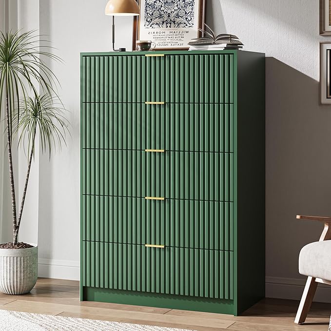 5 Drawer Dresser for Bedroom, Tall Dresser Chest of Drawers with Gold Handles, 32 Inch Wide Nightstand with for Bedroom, Living Rooms, Offices, and Entryways, Green