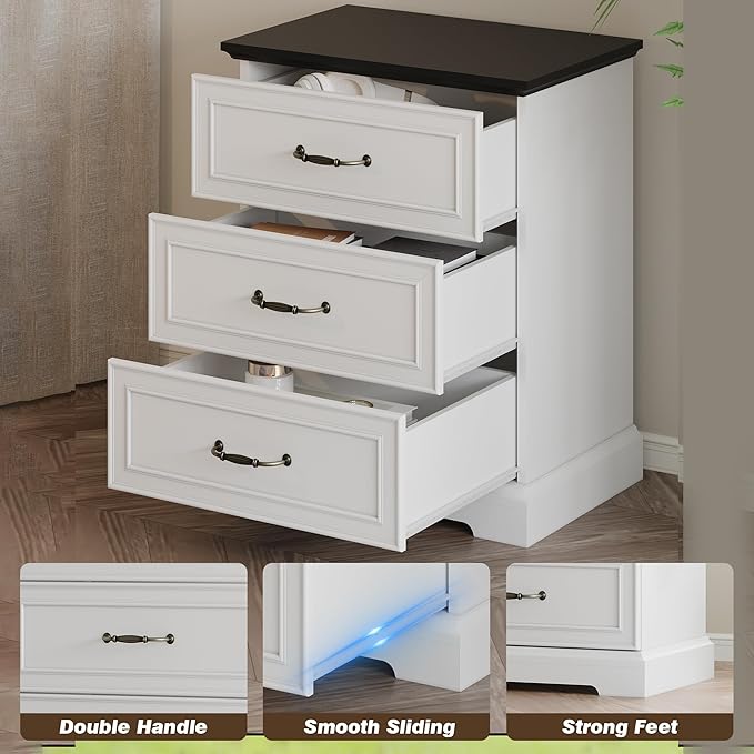 Farmhouse 3 Drawers Dresser for Bedroom, 24" Wide Modern Chest of Drawers with Deep Drawers & Bar Handles, Rustic Wood Nightstand, Wooden Closet Storage Organizer for Living Room, Hallway, White