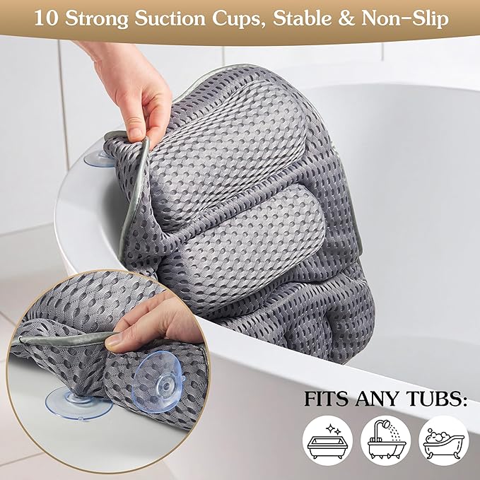 Luxury Bath Pillow for Tub, Dual Headrest & Back Support, 4D Air Mesh Quick-Dry Cushion, 10 Strong Suction Cups, Extra-Large Spa Bathtub Pillow Gift for Women(Grey)