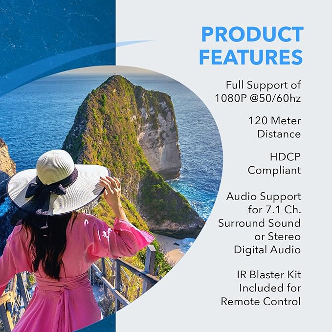 OREI 1080P 1x8 HDMI over Ethernet Extender Splitter CAT6/7 Over Cable Full HD with IR Remote EDID Management - Up to 400 Ft - Low Latency - Full Support, 1x8 upto 395 FT (HD-EX108)