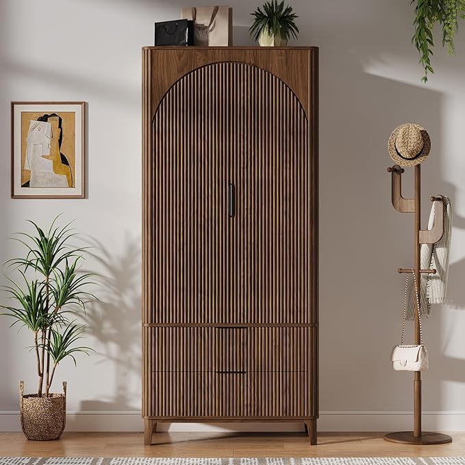 70.1" Arched Wooden Armoire Wardrobe Closet with 2 Doors and 2 Drawers, Fluted Bedroom Armoire with Hanging Rod Shelf, Clothing Storage Cabinet, Wardrobe Armoire Closet Cabinet for Bedroom