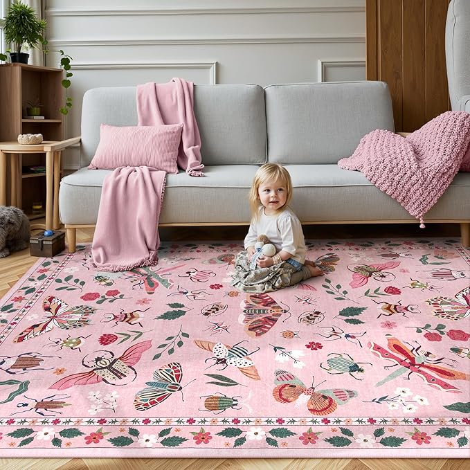 Lahome Insect Washable Rugs for Living Room, Soft 6x9 Rug for Bedroom Ultra-Thin Non Slip Pink Rug, Stain Resistant Easy Clean Large Carpet for Girls Dining Room Nursery Classroom(6'x9',Pink)