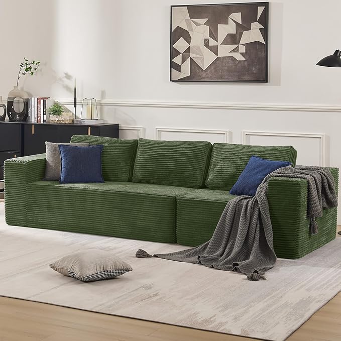 106" 3-Seater Sofa, Cloud Modular Sofa with Certified Foam, Upholstered Floor Sofa with Deep Seat, Sofa for Bedroom Living Room, No Assembly Required (Green, Plush Corduroy Fabric)