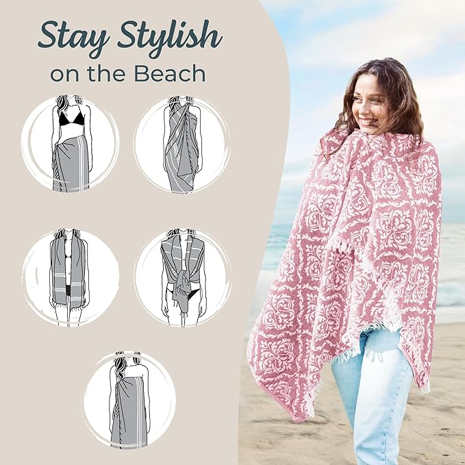 Turkish Beach Towel (35”x67”) – 100% Cotton, Quick Dry, Lightweight, Soft Oversized Beach Towel for Travel & Pool – Renaissance Fuchsia Color