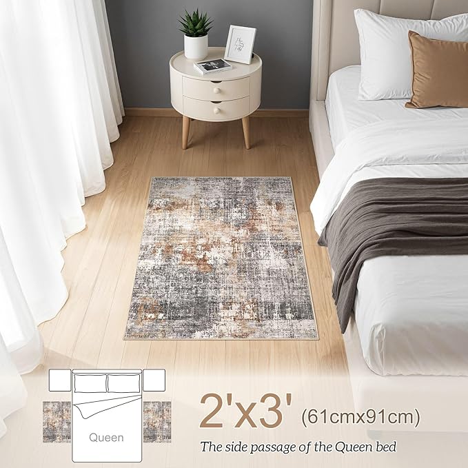 2x3 Entryway Area Rug: Washable Neutral Modern Abstract Small Rug - Non-Slip Low Pile Throw Indoor Carpet for Entrance Kitchen Front Door Mat Bathroom Entry Kids Room - Grey Brown
