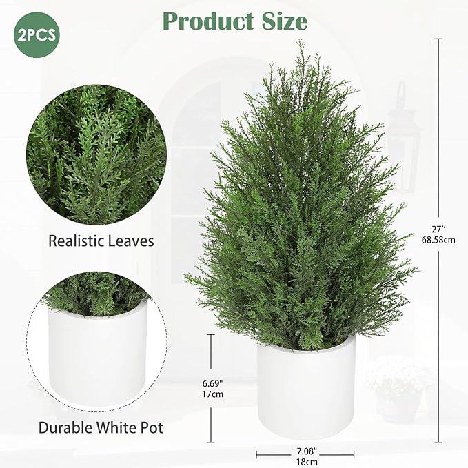 Briful 27” Artificial Cedar Topiary Tree in White Planter, 2PCS – Realistic Faux Evergreen Faux Floor Plant with Layered Leaves, Decorative Indoor Outdoor Potted Shrub for Home, Office, Patio, Porch