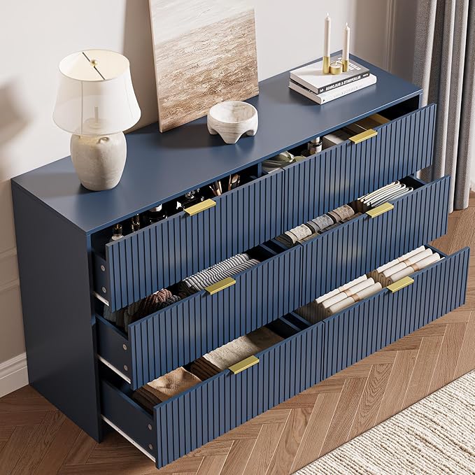 6 Drawer Dresser for Bedroom, 55" Wide Modern Chest of Drawers with Gold Metal Handles, Fluted Wood TV Stand for Living Room, Hallway(Navy Blue)