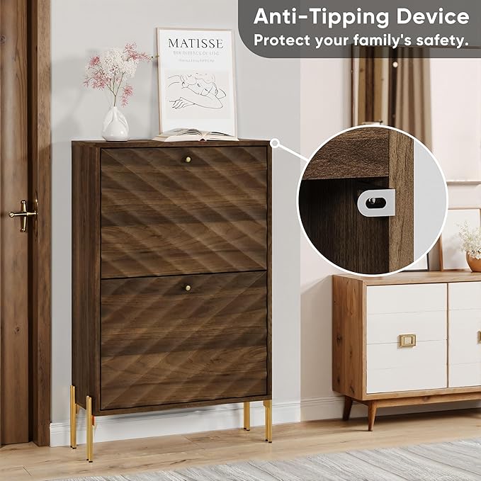 Smuxee Walnut Shoe Cabinet with 2 Flip Drawers, 23.6" Hidden Shoe Storage Cabinet with Golden Metal Feet, Freestanding Shoe Organizer Cabinet for Entryway, Hallway, Living Room