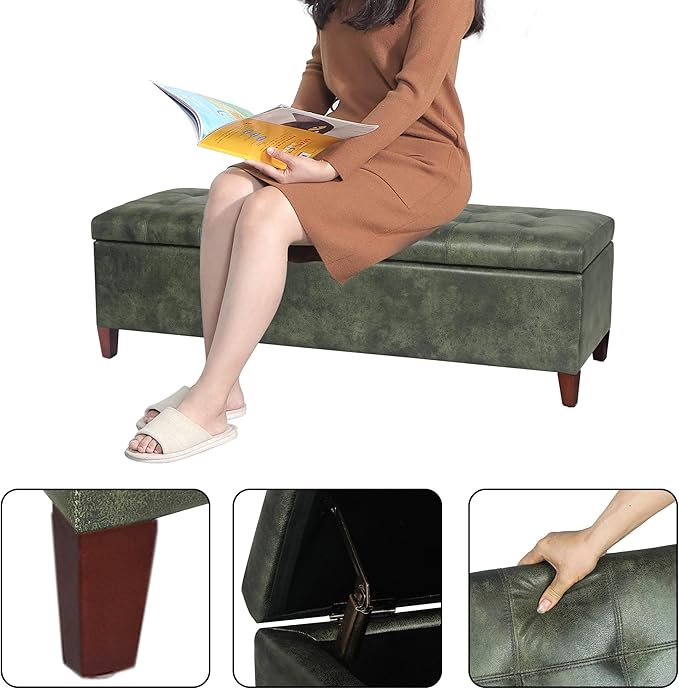 Joveco Storage Ottoman Bench, 51 Inch Tufted Leather Rectangle Bench for End Foot of Bed, Bedroom, Living Room, Deep Green