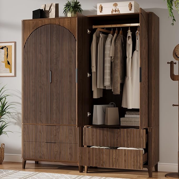 70.1" Arched Wooden Armoire Wardrobe Closet with 2 Doors and 2 Drawers, Fluted Bedroom Armoire with Hanging Rod Shelf, Clothing Storage Cabinet, Wardrobe Armoire Closet Cabinet for Bedroom