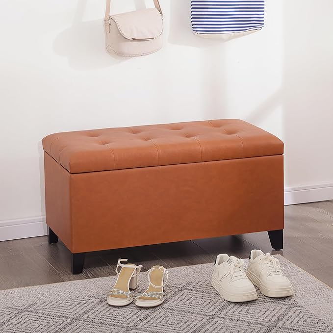 Asense Storage Ottoman Bench, Faux Leather Upholstered End of Bed Bench with Safety Hinge Wooden Legs, for Entryway Bedroom