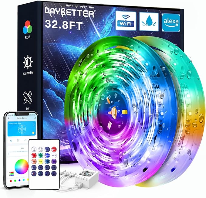 DAYBETTER IP65 Waterproof Led Strip Lights, Smart WiFi LED Lights Work with Alexa and Google Assistant, Color Changing Lights with APP Control, Suit for Bedroom, Bathroom, Home Decor, Outdoor, 32.8ft