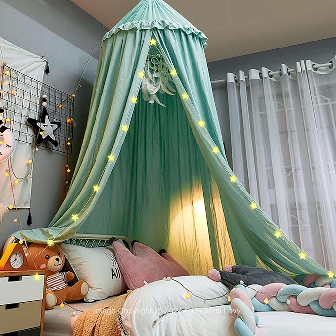 Bed Canopy for Girls, Dreamy Frills Ceiling Hanging Princess Canopy Bedroom Decoration Soft Canopy Net Reading Nook, Extra Large Full Queen Size Bed Canopies - Green