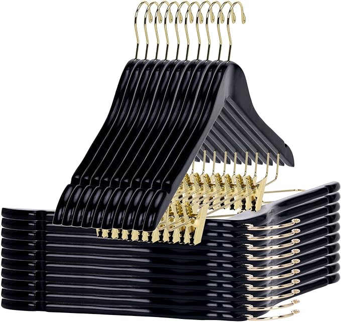Quality Black Wooden Skirt Hangers with Clips, 20-Pack Smooth Solid Wood Pants Hangers with Durable Adjustable Metal Clips, Swivel Hook, Coat, Jacket, Blouse Suit Hangers (Black-Gold Hook, 20)