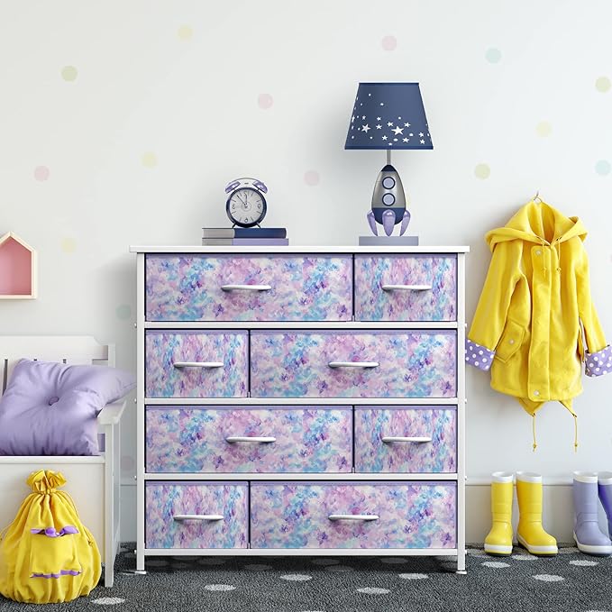 Sorbus Dresser with 8 Drawers - Furniture Storage Chest for Kid’s, Teens, Bedroom, Nursery, Playroom, Clothes, Toys - Steel Frame, Wood Top, Fabric Bins (Tie-dye Purple)