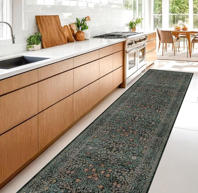 Dark Green Washable 3x12 Extra Long Runner Rug for Hallway Non Slip, Large Kitchen Indoor Floor Rugs for Entryway Hall Way Bedroom, Soft Stain Resistant Low Pile Vintage Floral Carpet
