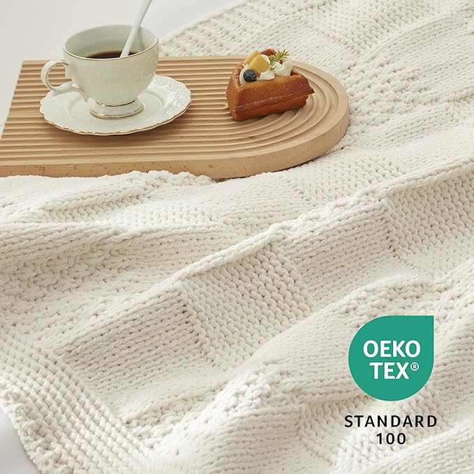 Amélie Home Checkered Chenille Knit Throw Blanket for Couch, Classic Texture Decorative Soft Blanket for Sofa, Chair & Bedroom, 60"x80", Ivory