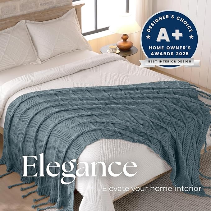 Boho Knitted Chenille Blanket with Tassels - Lightweight & Soft All-Season Throw - 3D Classic Pattern for Living Room Bedroom Couch, Celestial Blue, King 90"x108"