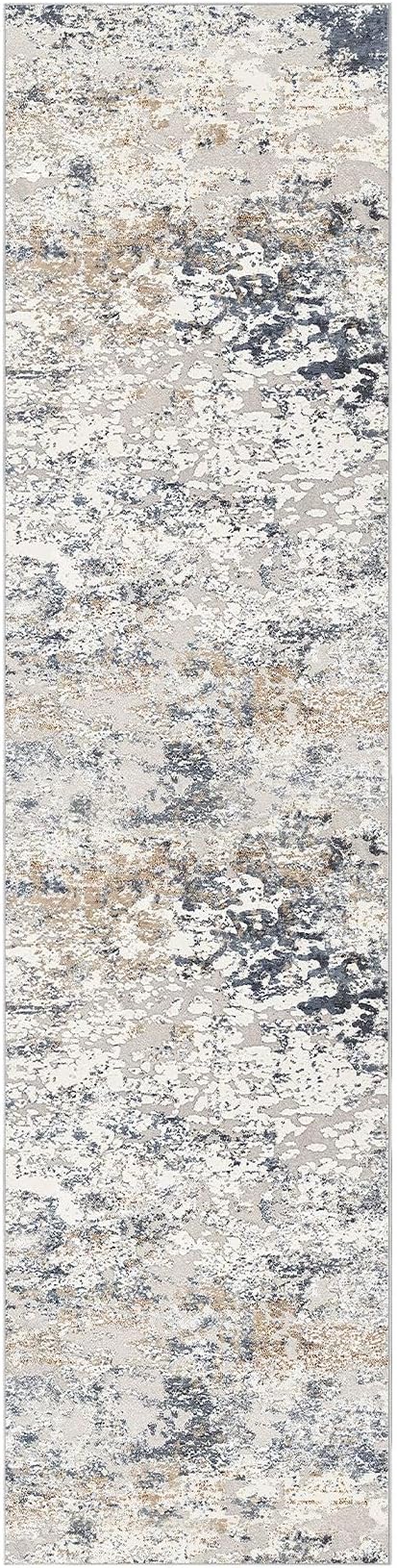 Washable Runner Rug for Hallway: 3x12 Neutral Modern Abstract Low Pile Area Rug with Non-Slip Backing - Carpet for Bedroom Kitchen Laundry Entryway Bathroom Indoor -Beige Blue