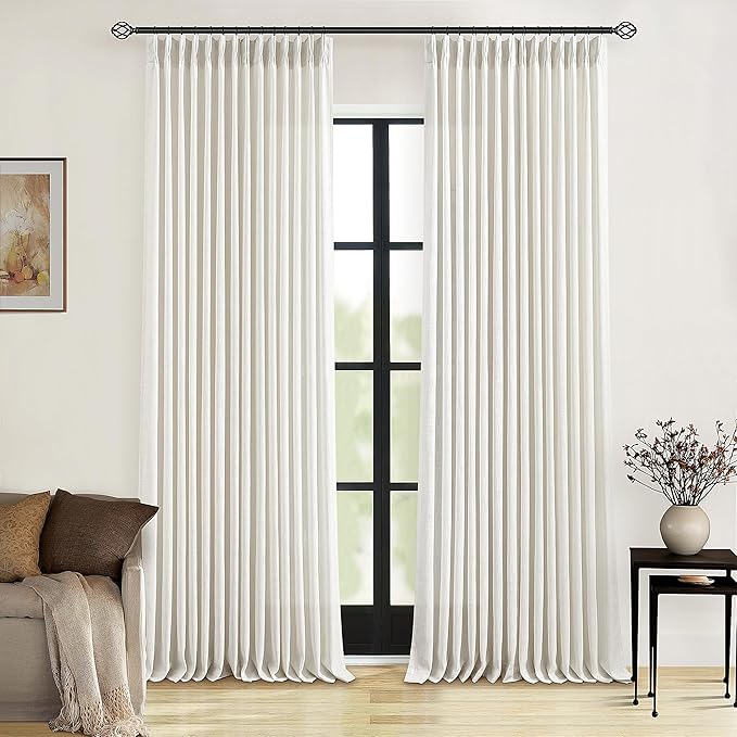 Natural Cream Pinch Pleated Linen Curtains 92 Inches Long for Living Dining Room Bedroom Thick Linen Pinch Pleat with Hooks Rings Back Tab Light Filtering Boho Farmhouse Semi Sheer 92 Inch Curtain