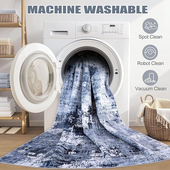 Area Rug Living Room Rugs - 4x6 Abstract Large Soft Indoor Washable Rug Neutral Modern Low Pile Carpet for Bedroom Dining Room Farmhouse Home Office - Navy Blue
