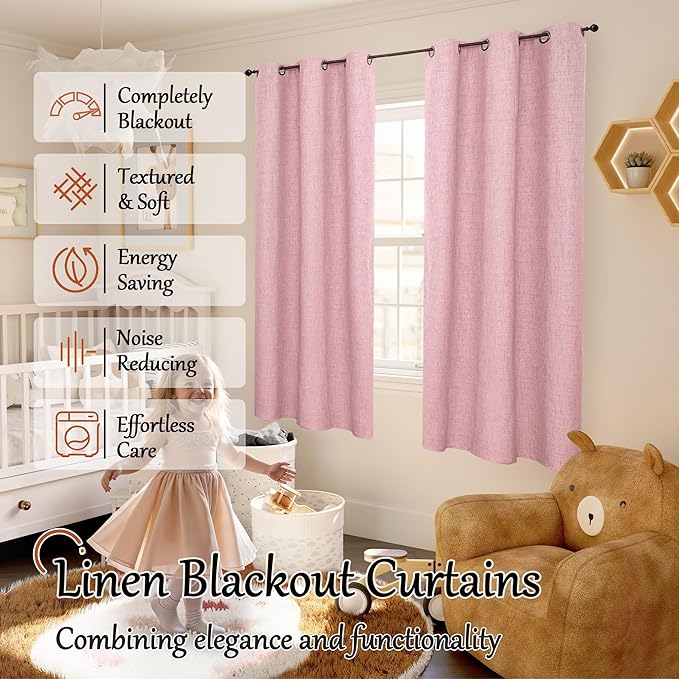 Baby Pink Linen Blackout Curtains for Nursery 63 Inch Length 2 Panels Set, Thermal Insulated Boho Total Black Out Noise Reducing Bonzer Grommets Window Curtains for Girls Bedroom, Each 38 Inch Wide